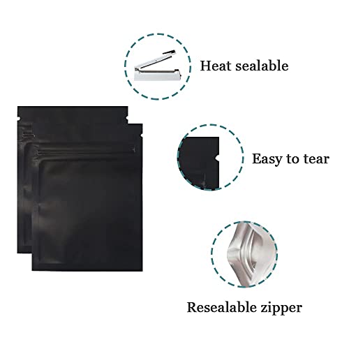 100 Pcs Mylar Zipper Lock Bag Food Storage Metallic Matte Foil Airtight Bags with Front Window Plastic Candy Packaging Pouch for Zip Flat Heat Seal Lock Resealable (7.5x10cm (3x3.9 inch), Black)