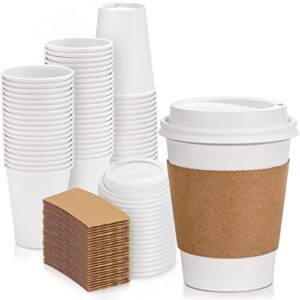 [50 pack] white coffee cups with white dome lids and brown sleeves – 12oz disposable paper coffee cups – to go cups for hot chocolate, tea, and other drinks – ideal for cafes, bistros, and businesses