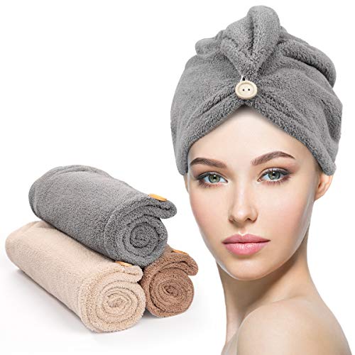 YFONG Microfiber Hair Towel 3 Pack, Hair Towel with Button, Super Absorbent Hair Towel Wrap for Curly Hair, Fast Drying Hair Wraps for Women, Anti Frizz Microfiber Towel