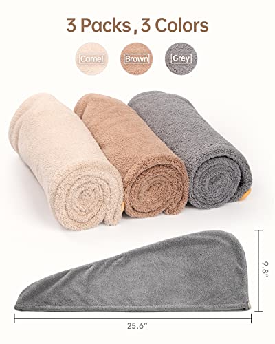 YFONG Microfiber Hair Towel 3 Pack, Hair Towel with Button, Super Absorbent Hair Towel Wrap for Curly Hair, Fast Drying Hair Wraps for Women, Anti Frizz Microfiber Towel