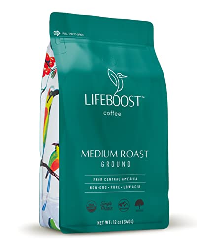 Lifeboost Coffee Ground Medium Roast Coffee - Low Acid Single Origin USDA Organic Coffee - Non-GMO Ground Coffee Third Party Tested For Mycotoxins & Pesticides - 12 Ounces