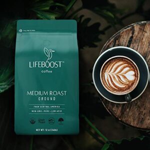 Lifeboost Coffee Ground Medium Roast Coffee - Low Acid Single Origin USDA Organic Coffee - Non-GMO Ground Coffee Third Party Tested For Mycotoxins & Pesticides - 12 Ounces