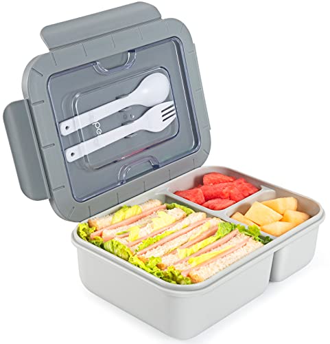 Caperci Premium Bento Box Adult Lunch Box for Older Kids - Leakproof 44 oz 3-Compartment Lunch Containers for Adults and Teens, Ergonomic Design, Built-in Utensil Set & BPA Free (Grey)