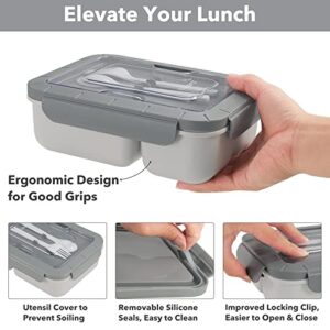 Caperci Premium Bento Box Adult Lunch Box for Older Kids - Leakproof 44 oz 3-Compartment Lunch Containers for Adults and Teens, Ergonomic Design, Built-in Utensil Set & BPA Free (Grey)