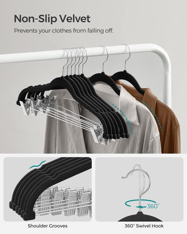 SONGMICS Skirt Hangers, Set of 30 Velvet Hangers with Adjustable Clips, Pants Hangers, Space-Saving, Non-Slip for Skirts, Coats, Dresses, 16.7-Inch Long, Black UCRF12B30