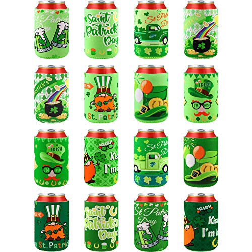 16 Pieces St. Patrick's Day Beer Coolers Sleeves Neoprene Can Insulated Covers for 12-Ounce Canned Beverages Bottle Drink in St. Patrick's Day Party Favors Decorations