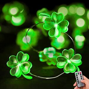 St. Patrick's Day Lights Shamrock String Lights Battery Operated 13 Feet 40 LEDs 8 Mode with Remote Lucky Clover Silver Wire Mini Fairy Lights for Bedroom Party Feast Green Day Decorations
