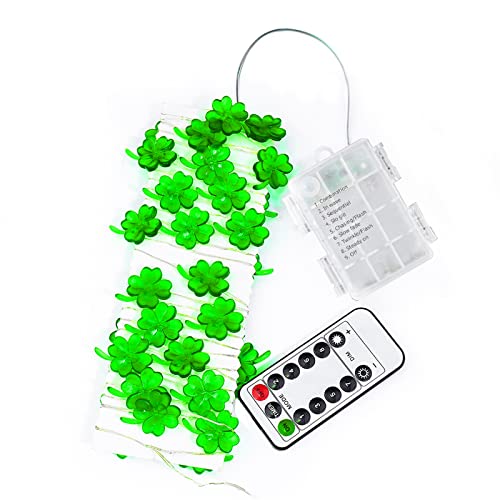 St. Patrick's Day Lights Shamrock String Lights Battery Operated 13 Feet 40 LEDs 8 Mode with Remote Lucky Clover Silver Wire Mini Fairy Lights for Bedroom Party Feast Green Day Decorations