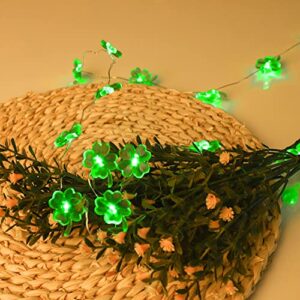 St. Patrick's Day Lights Shamrock String Lights Battery Operated 13 Feet 40 LEDs 8 Mode with Remote Lucky Clover Silver Wire Mini Fairy Lights for Bedroom Party Feast Green Day Decorations