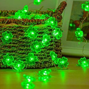 St. Patrick's Day Lights Shamrock String Lights Battery Operated 13 Feet 40 LEDs 8 Mode with Remote Lucky Clover Silver Wire Mini Fairy Lights for Bedroom Party Feast Green Day Decorations