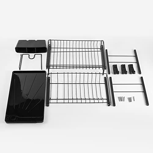 SUNNOW Nuovoo Dish Drying Rack, Black 2 Tier Dish Drainer, Over The Sink Utensil Holder, Cup Cutting Board Holder, Large Rust-Proof Storage Organizer with Adjustable Water Outlet for Kitchen Counter