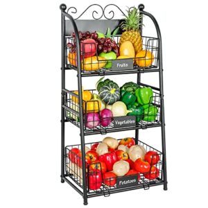 3 tier vegetables storage basket stand with nameplate, removable wire fruit basket, kitchen freestanding metal fruit storage cart with anti-scratch adjustable feet, for fruit vegetable onion potato