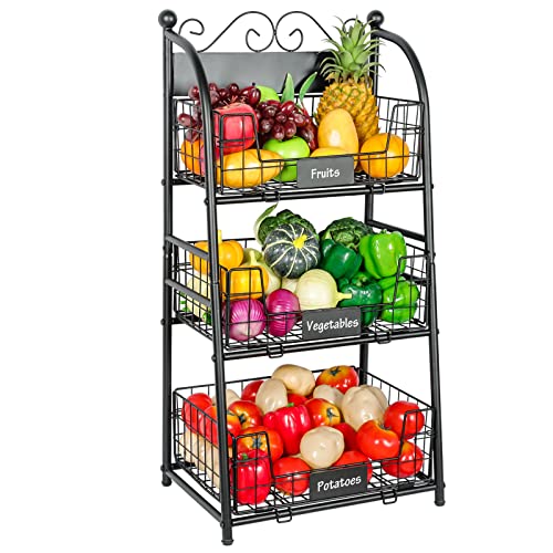 3 Tier Vegetables Storage Basket Stand with Nameplate, Removable Wire Fruit Basket, Kitchen Freestanding Metal Fruit Storage Cart with Anti-scratch Adjustable Feet, for Fruit Vegetable Onion Potato