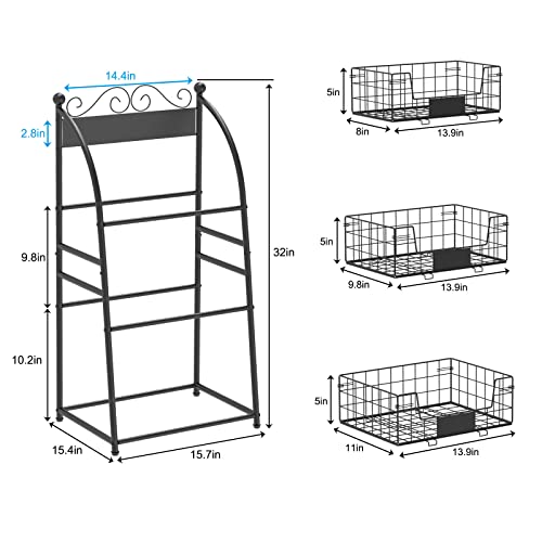 3 Tier Vegetables Storage Basket Stand with Nameplate, Removable Wire Fruit Basket, Kitchen Freestanding Metal Fruit Storage Cart with Anti-scratch Adjustable Feet, for Fruit Vegetable Onion Potato