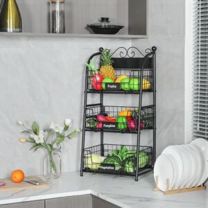 3 Tier Vegetables Storage Basket Stand with Nameplate, Removable Wire Fruit Basket, Kitchen Freestanding Metal Fruit Storage Cart with Anti-scratch Adjustable Feet, for Fruit Vegetable Onion Potato