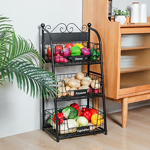 3 Tier Vegetables Storage Basket Stand with Nameplate, Removable Wire Fruit Basket, Kitchen Freestanding Metal Fruit Storage Cart with Anti-scratch Adjustable Feet, for Fruit Vegetable Onion Potato