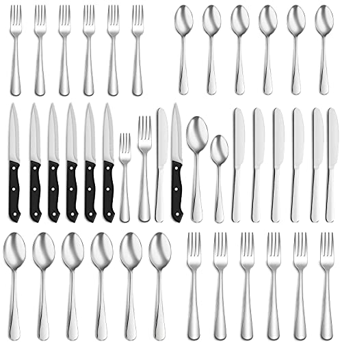 36-Piece Silverware Set with Steak Knives for 6, Food-Grade Stainless Steel Utensils Set Includes Spoons Forks Knives,Tableware Cutlery Set For Home Restaurant Hotel, Mirror Finish, Dishwasher Safe