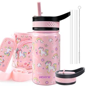 hqayw girls water bottles for school, 14oz kids water bottle stainless steel, insulated water bottle with straw cap leakproof, wide-mouth bpa free tumbler cups metal canteen for sports, unicorn