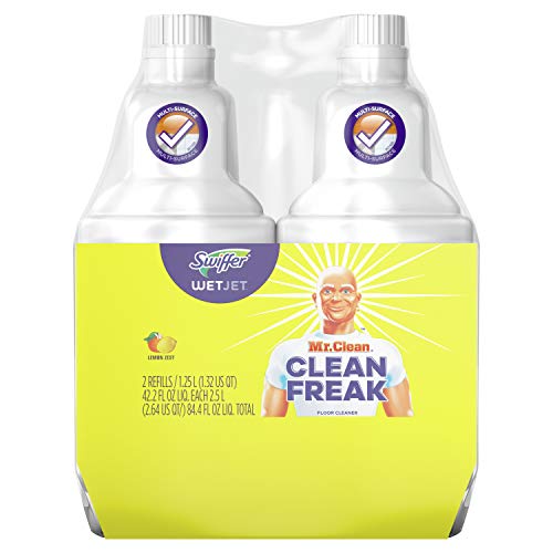 Swiffer Wetjet Hardwood Mopping Cleaning Solution Refills All Purpose Cleaning Product with The Power Mr. Clean 2Count 1.25 L Each, Lemon, 84.4 Fl Oz (Packaging May Vary)