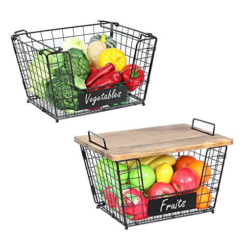 2 Stackable Wire Storage Baskets with Wood Lid and Chalkboards - Kitchen Countertop Organizer for Fruit Vegetable（Onion, Potato) Food Produce - Metal Bin for Pantry Organization and Storage, Black