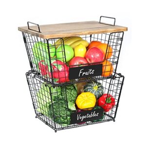 2 stackable wire storage baskets with wood lid and chalkboards – kitchen countertop organizer for fruit vegetable（onion, potato) food produce – metal bin for pantry organization and storage, black