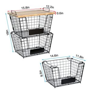 2 Stackable Wire Storage Baskets with Wood Lid and Chalkboards - Kitchen Countertop Organizer for Fruit Vegetable（Onion, Potato) Food Produce - Metal Bin for Pantry Organization and Storage, Black