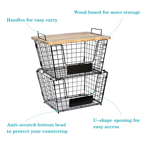 2 Stackable Wire Storage Baskets with Wood Lid and Chalkboards - Kitchen Countertop Organizer for Fruit Vegetable（Onion, Potato) Food Produce - Metal Bin for Pantry Organization and Storage, Black