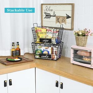 2 Stackable Wire Storage Baskets with Wood Lid and Chalkboards - Kitchen Countertop Organizer for Fruit Vegetable（Onion, Potato) Food Produce - Metal Bin for Pantry Organization and Storage, Black