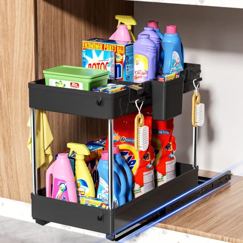 G-TING Under Sink Organizer, 2-Tier Under Sliding Cabinet Basket Organizer with Hooks, Hanging Cup, Dividers, Multifunctional Pull Out Cabinet Organizer for Kitchen, Bathroom(Black)