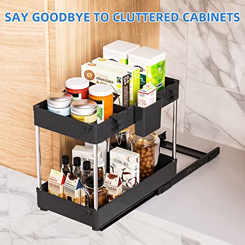 G-TING Under Sink Organizer, 2-Tier Under Sliding Cabinet Basket Organizer with Hooks, Hanging Cup, Dividers, Multifunctional Pull Out Cabinet Organizer for Kitchen, Bathroom(Black)