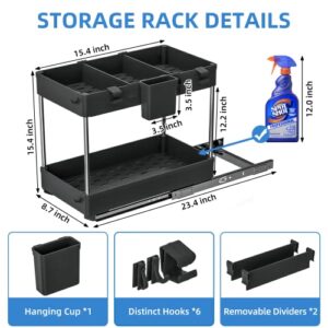 G-TING Under Sink Organizer, 2-Tier Under Sliding Cabinet Basket Organizer with Hooks, Hanging Cup, Dividers, Multifunctional Pull Out Cabinet Organizer for Kitchen, Bathroom(Black)