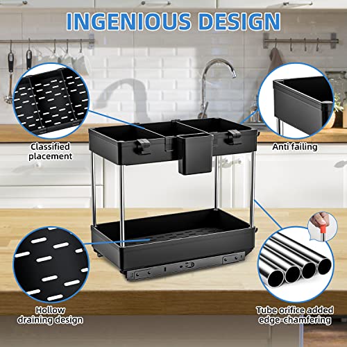 G-TING Under Sink Organizer, 2-Tier Under Sliding Cabinet Basket Organizer with Hooks, Hanging Cup, Dividers, Multifunctional Pull Out Cabinet Organizer for Kitchen, Bathroom(Black)
