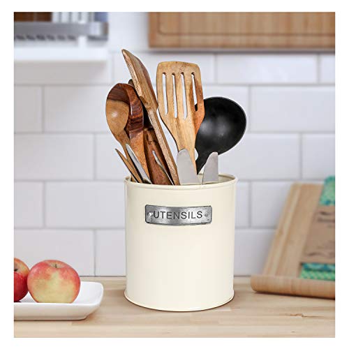 Farmhouse Kitchen Utensil Holder Large Utensil Organizer - Utensils Holders Crock with Sturdy Rustic Farmhouse Countertop Decor, Utensil Storage Caddy Organizer, Off White - 5.5 x 6 Inches