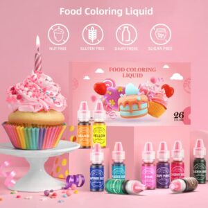 Food Coloring for Baking - 26 Vibrant Cake Food Coloring Liquid Set for Dessert Decorating, Food Grade Food Dye for Icing,Fondant,Cookies,Easter Egg,Making DIY Supplies Kit- 0.25 Fl. oz (6 ml)/Bottles