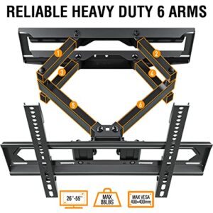 ELIVED Full Motion TV Mount TV Wall Mount Swivel and Tilt for Most 26-55 Inch TVs, Wall Mount TV Bracket with Dual Articulating Arms, Max VESA 400x400, 88 lbs. Loading, 16" Studs