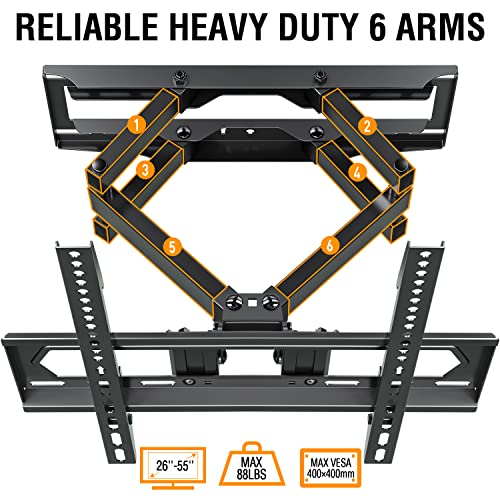 ELIVED Full Motion TV Mount TV Wall Mount Swivel and Tilt for Most 26-55 Inch TVs, Wall Mount TV Bracket with Dual Articulating Arms, Max VESA 400x400, 88 lbs. Loading, 16" Studs