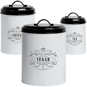 baie maison large kitchen canisters set of 3 – farmhouse canister sets for kitchen counter white – coffee tea sugar container set – rustic kitchen canisters farmhouse style decor – metal kitchen jars