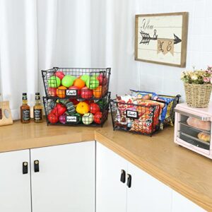 3 Pack XXL Stackable Wire Baskets for Pantry Storage and Organization- Large Metal Storage Bins with Handle and Chalkboard for Fruit Vegetable Snack Food- Kitchen Cabinet Countertop Organizer - Black