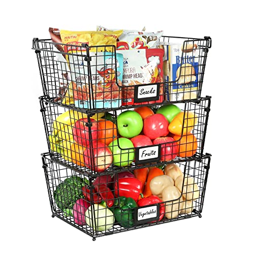 3 Pack XXL Stackable Wire Baskets for Pantry Storage and Organization- Large Metal Storage Bins with Handle and Chalkboard for Fruit Vegetable Snack Food- Kitchen Cabinet Countertop Organizer - Black