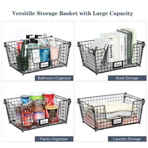 3 Pack XXL Stackable Wire Baskets for Pantry Storage and Organization- Large Metal Storage Bins with Handle and Chalkboard for Fruit Vegetable Snack Food- Kitchen Cabinet Countertop Organizer - Black