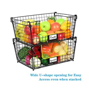 3 Pack XXL Stackable Wire Baskets for Pantry Storage and Organization- Large Metal Storage Bins with Handle and Chalkboard for Fruit Vegetable Snack Food- Kitchen Cabinet Countertop Organizer - Black