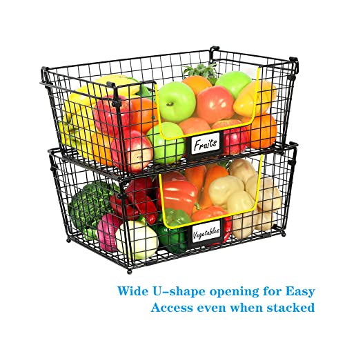 3 Pack XXL Stackable Wire Baskets for Pantry Storage and Organization- Large Metal Storage Bins with Handle and Chalkboard for Fruit Vegetable Snack Food- Kitchen Cabinet Countertop Organizer - Black