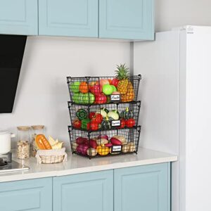 3 Pack XXL Stackable Wire Baskets for Pantry Storage and Organization- Large Metal Storage Bins with Handle and Chalkboard for Fruit Vegetable Snack Food- Kitchen Cabinet Countertop Organizer - Black