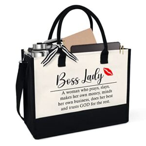 boss lady gift tote bag, leaving moving appreciation retirement birthday christmas gifts for boss, leader, boss lady, manager director, women, 13oz canvas tote bag with zipper for women