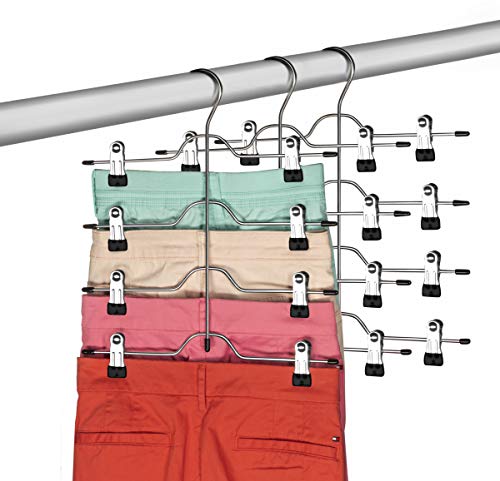 Zober Space Saving 4 Tier Skirt Hanger with Adjustable Clips (3 Pack) 4-on-1 Hanger, GAIN 50% More Space, Reliable Non Slip Grip, Durable Metal Pants Hanger Great for Slack, Trouser, Jeans, Towels Etc