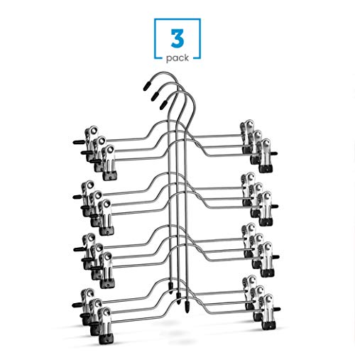 Zober Space Saving 4 Tier Skirt Hanger with Adjustable Clips (3 Pack) 4-on-1 Hanger, GAIN 50% More Space, Reliable Non Slip Grip, Durable Metal Pants Hanger Great for Slack, Trouser, Jeans, Towels Etc