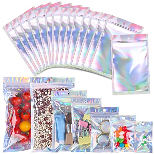 100 Pack Resealable Mylar Bags Smell Proof Pouch Aluminum Foil Packaging Plastic Ziplock Bag,Small Mylar Storage Bags For Candy,Jewelry,Screw,Holographic Rainbow Color (2.8 x 3.9 inch)