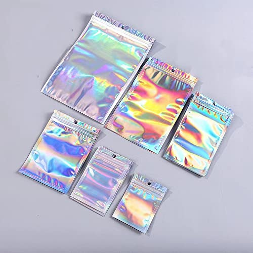 100 Pack Resealable Mylar Bags Smell Proof Pouch Aluminum Foil Packaging Plastic Ziplock Bag,Small Mylar Storage Bags For Candy,Jewelry,Screw,Holographic Rainbow Color (2.8 x 3.9 inch)