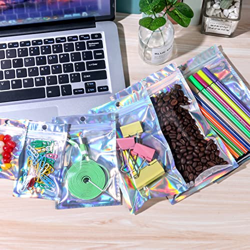 100 Pack Resealable Mylar Bags Smell Proof Pouch Aluminum Foil Packaging Plastic Ziplock Bag,Small Mylar Storage Bags For Candy,Jewelry,Screw,Holographic Rainbow Color (2.8 x 3.9 inch)