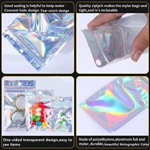 100 Pack Resealable Mylar Bags Smell Proof Pouch Aluminum Foil Packaging Plastic Ziplock Bag,Small Mylar Storage Bags For Candy,Jewelry,Screw,Holographic Rainbow Color (2.8 x 3.9 inch)